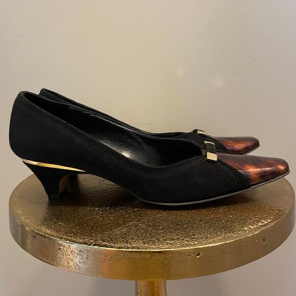 Lanconi Firenze 7.5B Kitten Heels | Black Suede, Tortoiseshell Toe, Rare Vintage - Picture 1 of 10